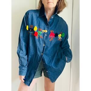 VTG 90s Denim Shirt Dark Wash Cotton Cheerleader Bears Size Large Embroidery